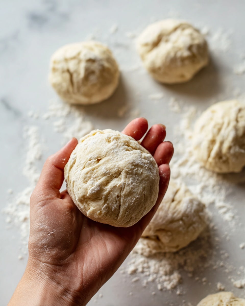 A woman's hand is holding a small ball of pale beige dough with soft folds and slight creases on its surface. Around it, four other pieces of dough rest on a white marbled surface dusted lightly with white flour, giving a sense of readiness for baking or cooking. The dough pieces are uneven and have a slightly rough texture. The whole scene is bright and clean, focusing closely on the woman's hand and the dough in the foreground. photo taken with an iphone --ar 4:5 --v 7