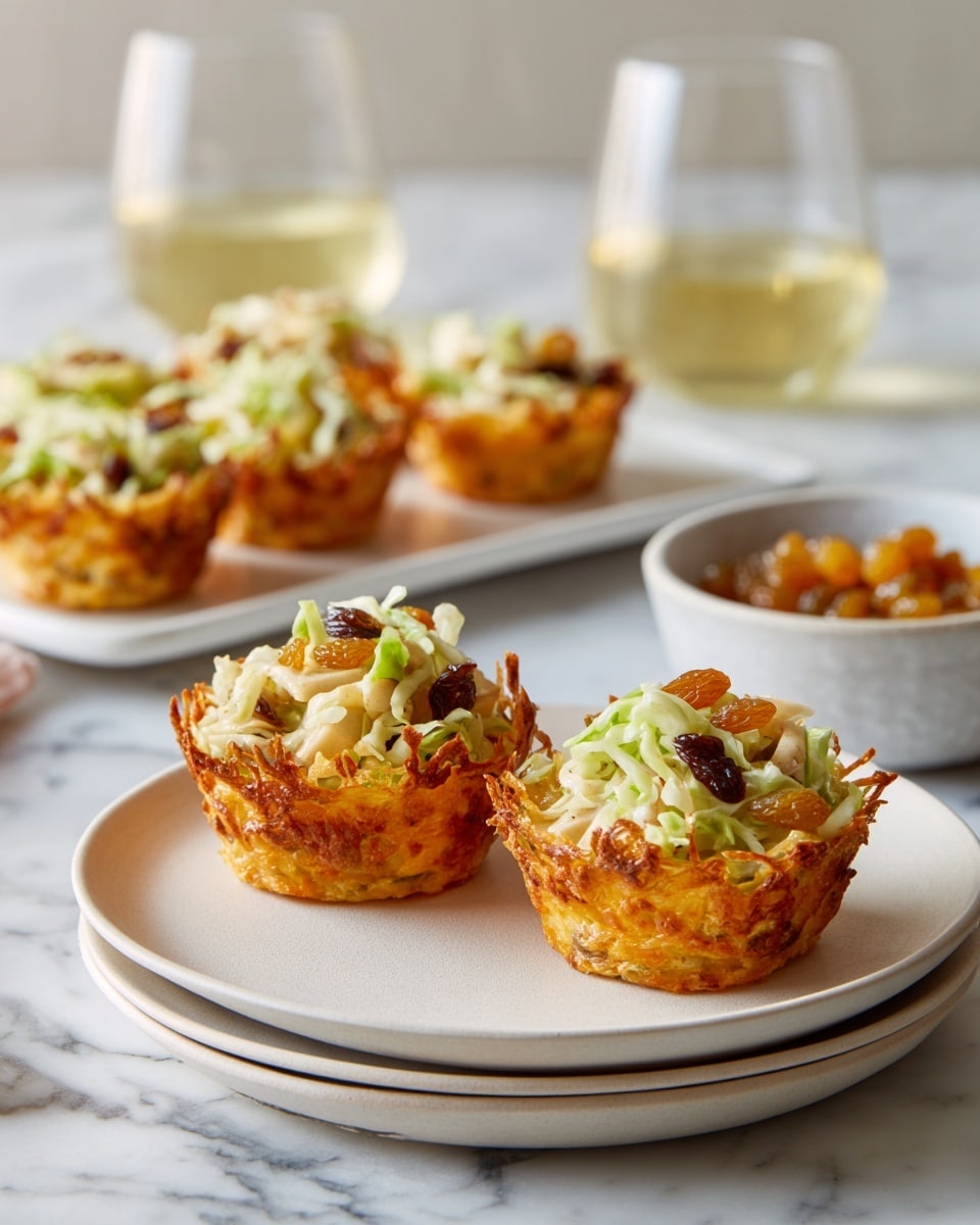 Two small, crispy orange nests sit on a stack of three white plates at the center bottom of the image. Each nest holds a mix of light green shredded cabbage, pale pink slices of apple, and golden raisins, creating a fresh, textured look. In the background, to the left, there is a white rectangular plate holding three more identical nests slightly out of focus. On the upper right side, a small white bowl filled with golden raisins and two glasses of light golden liquid are set on a white marbled surface. The whole scene has a soft, natural light. photo taken with an iphone --ar 4:5 --v 7