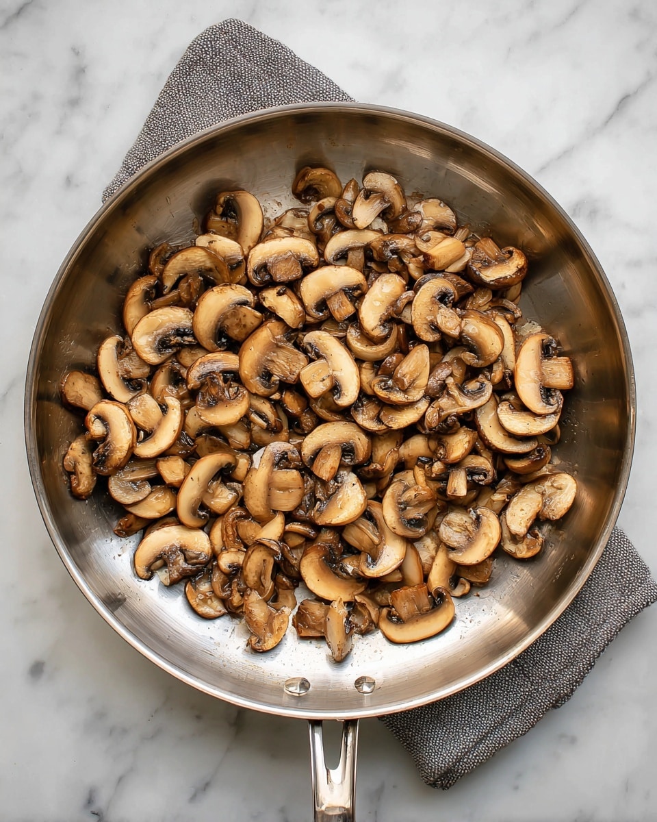 A shiny metal pan holds cooked mushroom slices scattered evenly across the bottom. The mushrooms are a mix of light beige and darker brown with a soft, slightly shiny texture showing they are cooked but not burnt. The pan sits on a white marbled surface, and a grey oven mitt covers the pan handle from the bottom left corner. The photo is taken from above, focusing on the simple arrangement of mushrooms inside the pan. photo taken with an iphone --ar 4:5 --v 7