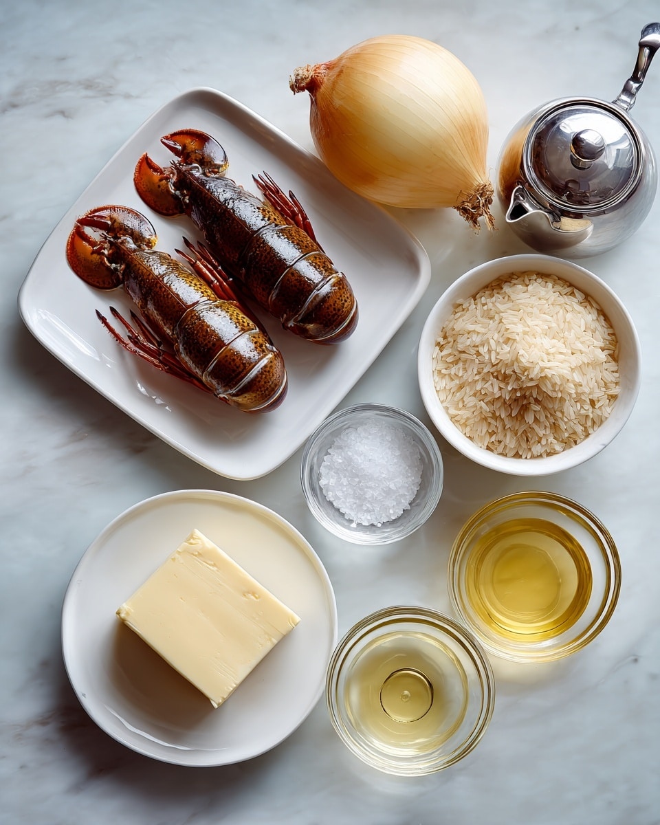 On a white marbled surface, there are seven items arranged neatly: at the center bottom, two dark brown lobster tails rest on a white square plate, showing a rough texture and glossy finish; above them, a whole yellow onion sits with a smooth skin and a dry root end pointing right; to the left of the onion, a small crystal bowl of coarse white salt sparkles; to the right of the lobster tails, a white bowl holds light beige rice grains with a slightly rough texture; below the onion, a small round clear glass bowl contains pale yellow cooking oil with a smooth surface; to the left of the oil, a round white plate carries a block of pale yellow butter with a creamy texture and slight ridges; and in the top left corner, a shiny metal teapot with a round lid and spout is placed. The scene is softly lit, showing light reflections on all objects, photo taken with an iphone --ar 4:5 --v 7