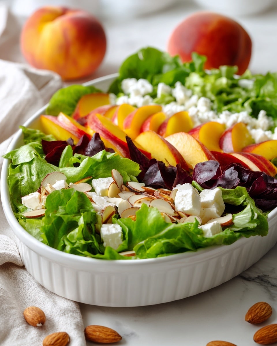 The image shows a close-up of a fresh salad in a white oval dish placed on a white marbled surface. The salad has bright green leafy greens as the base, topped with several slices of peach that show a soft orange and red skin with juicy pale orange flesh. There are small cubes of white cheese scattered evenly around the salad, along with light brown toasted almond slivers spread on top, adding texture. In the background, there is a whole whole peach placed slightly out of focus, enhancing the fresh fruit theme. The photo taken with an iphone --ar 4:5 --v 7
