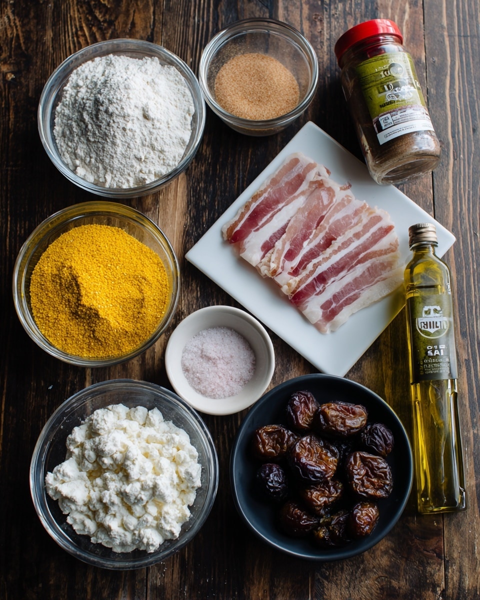 The image shows a collection of ingredients arranged neatly on a dark wooden surface with a white marbled texture underneath. There are seven main items visible: a small white bowl filled with yellow coarse cornmeal in the front left, a clear glass bowl with white flour behind it, and another clear glass bowl containing crumbled white cheese in the front center. To the right, a small black bowl labeled