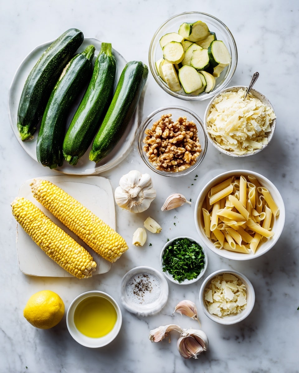 A top-down view of fresh cooking ingredients arranged on a white marbled surface, including a white plate with whole and sliced dark green zucchinis, three light yellow corn cobs, a small glass bowl of chopped walnuts, a white bowl filled with uncooked pale yellow penne pasta, a white bowl of grated cheese, a small white bowl with chopped green herbs, a small glass bowl of white cheese crumbles, a whole yellow lemon, two garlic cloves, a small white bowl with salt and pepper, and a small white bowl filled with golden olive oil photo taken with an iphone --ar 4:5 --v 7