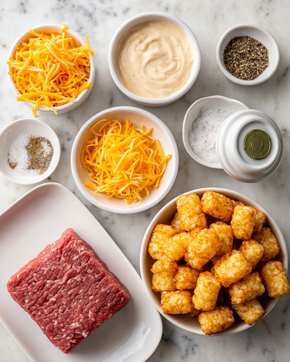 A top-down view shows six white square tiles with various cooking ingredients placed on them, arranged neatly on a white marbled surface. In the bottom left corner, a white oval plate holds a raw block of ground beef with a reddish-pink color and smooth texture. Above the beef, there is a small white bowl filled with creamy pale beige sauce that looks thick and smooth. To the right of the sauce, a larger white bowl is full of golden brown crispy tater tots with a crunchy texture. Above the tater tots, a round small white bowl contains bright orange shredded cheddar cheese, finely shredded and fluffy. Next to the sauce bowl, two tiny white dishes hold seasonings; one dish is filled with white salt crystals, and the other has dark ground black pepper. A white round container with a green lid sits between the seasoning bowls and the sauce bowl. The color palette has bright reds, golds, and creams, contrasted by the clean, white dishes and surface. photo taken with an iphone --ar 4:5 --v 7