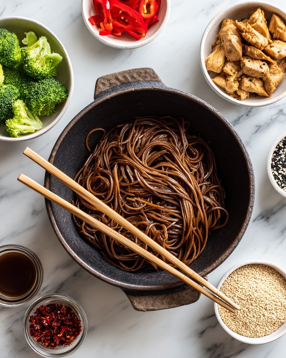 A black bowl with two handles holds a nest of dark brown noodles with a slightly shiny texture. Two light wooden chopsticks rest across the right side of the bowl. Surrounding the bowl on a white marbled surface are five small white bowls: one with bright green broccoli florets on the left, one with red pepper slices on the right, one with light brown cooked chicken pieces in the upper right, one with a deep red chili flake mixture in the lower left, and one with pale beige sesame seeds in the lower right. There is also a small glass container with a dark brown sauce near the broccoli. photo taken with an iphone --ar 4:5 --v 7