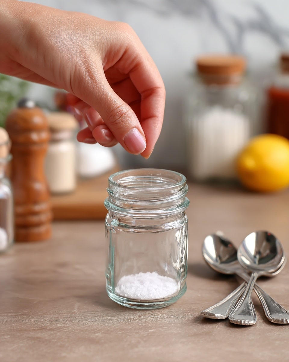 The image shows a close-up of a woman's hand holding a small pinch of salt above an empty clear glass jar. The jar sits on a wooden surface that will be changed to white marbled texture. Around the jar, there are two metal measuring spoons placed side by side on the right, and blurred kitchen ingredients and containers in the background. The woman's hand is in the top left corner, with fingers gently pinching the salt, and the whole setting is light and clean. Photo taken with an iphone --ar 4:5 --v 7