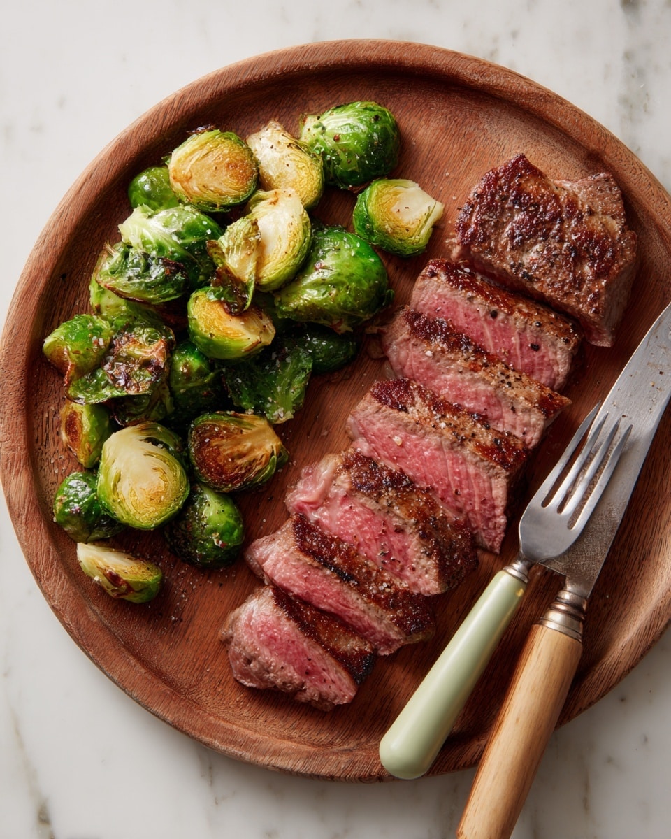 A round wooden plate on a white marbled surface holds a meal with two main parts: on the left, there are many roasted Brussels sprouts cut in half, showing a mix of bright green and golden brown colors with a slightly crispy texture; on the right, there is a piece of steak, partially sliced to reveal a warm pink center with a dark, peppered crust on the outside. A knife with a light green handle and wooden fork rest beside the steak on the plate. photo taken with an iphone --ar 4:5 --v 7