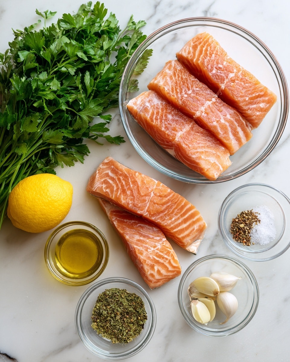 The image shows four raw salmon fillets in a clear glass bowl on the right side, each fillet pink-orange with white streaks and skin edges visible. To the left of the bowl, a bunch of fresh green parsley rests on a white marbled surface. Above the parsley, a whole yellow lemon is placed with a small clear bowl of mustard next to it. Below the lemon, there is a clear glass bottle of olive oil and two small clear bowls containing three garlic cloves and a mix of spices including salt, black pepper, and dried herbs. The overall scene is bright and neat, with all items arranged on a white marbled surface. photo taken with an iphone --ar 4:5 --v 7