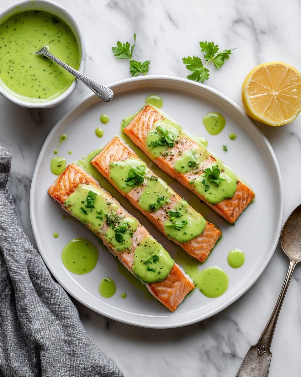 The image shows a white plate with four pieces of cooked salmon arranged in a loose square shape. Each piece has a light pink-orange color with a slightly flaky texture and is topped with a green sauce that looks smooth and glossy. Small green herb leaves are scattered on top of the salmon and around the plate. The plate sits on a white marbled surface. To the top right of the plate, there is a small white bowl filled with more green sauce and a spoon with some sauce on it. A halved lemon with a bright yellow inside is next to the bowl. A gray cloth is placed to the bottom left of the plate. photo taken with an iphone --ar 4:5 --v 7