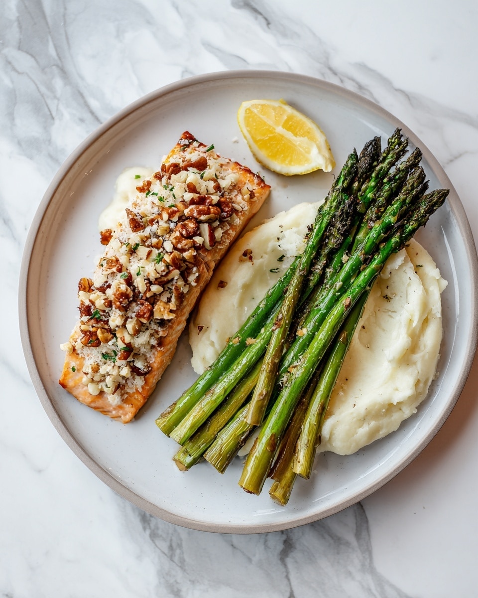The dish shows a white plate with three main parts: a rectangular piece of cooked salmon topped with a layer of chopped nuts in creamy white and brown colors, bright green roasted asparagus spears placed beside the salmon on the right, and a scoop of smooth, creamy white mashed potatoes with light green herbs mixed in on the left. There is a small wedge of lemon near the bottom left corner of the plate. The background is a white marbled texture. Photo taken with an iphone --ar 4:5 --v 7