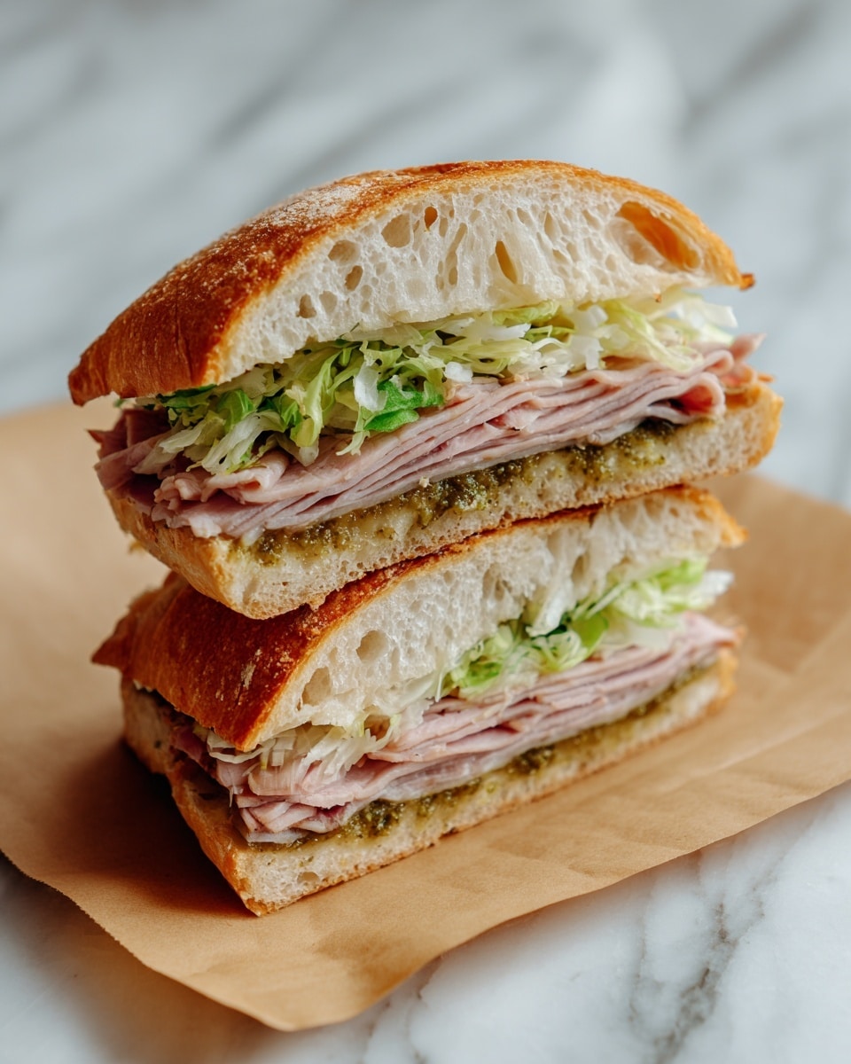 The image shows a sandwich cut in half, stacked, with three main layers. The bottom layer is a slice of white bread with an airy texture and a light toasted edge, spread with a green pesto sauce. Above it, there is a thick layer of light beige turkey meat slices with a smooth texture. On top of the meat, there are rings of white onions, followed by shredded bright green lettuce. The sandwich is topped with another slice of white bread, slightly thicker, also toasted and with a similar airy texture. The sandwich rests on brown parchment paper over a white marbled surface photo taken with an iphone --ar 4:5 --v 7