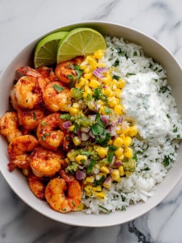 Salmon Burrito Bowl with Cilantro Lime Rice and Avocado Corn Salsa Recipe