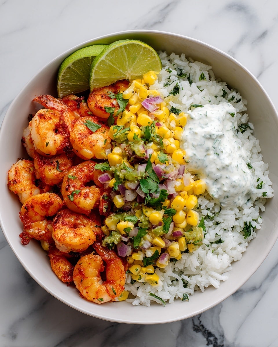 A white bowl filled with a base layer of white rice mixed lightly with green herbs, topped on the left side with bright orange cooked shrimp with a slightly shiny texture, a fresh green lime wedge placed above the shrimp, a colorful mix of yellow corn, red onion, and green pepper on the right side, and a dollop of white creamy sauce next to the shrimp and corn mix, all set on a white marbled surface. Photo taken with an iphone --ar 4:5 --v 7