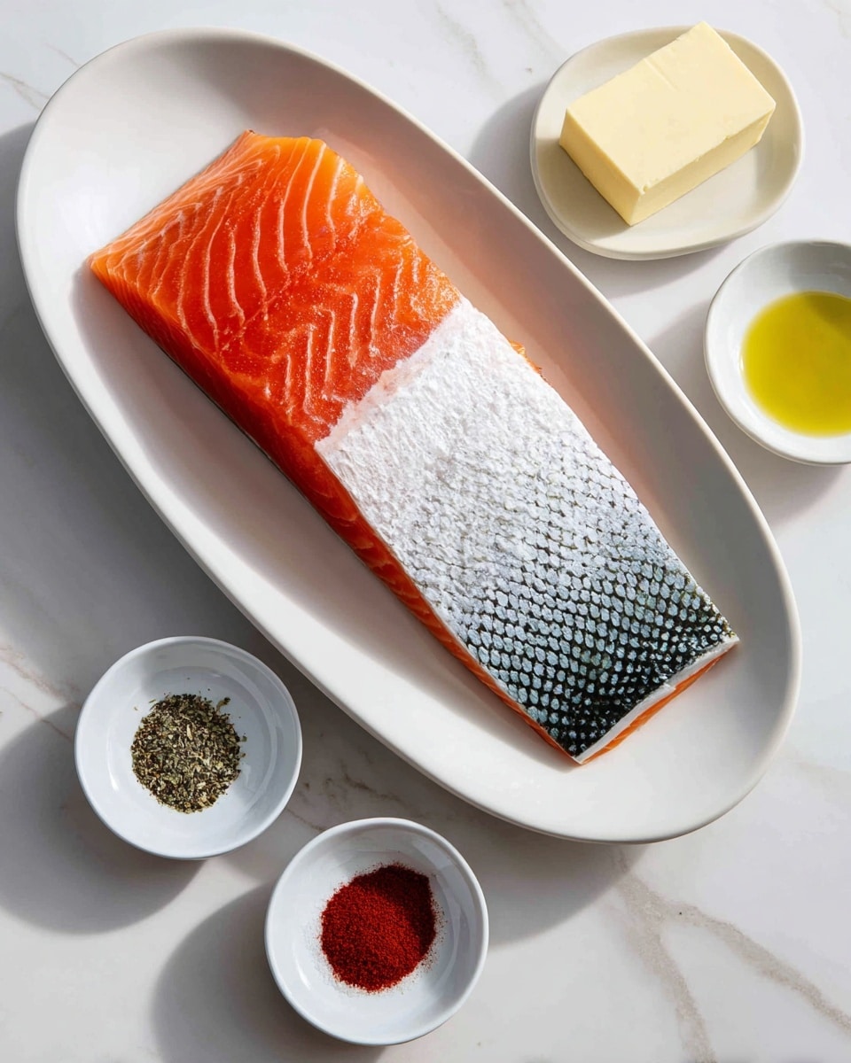 A single piece of raw salmon fillet lies in a white oval dish, showing one side with bright orange flesh and the other side with shiny silver skin covered in black scale pattern. To the top right, there are two small white bowls – one containing a pale yellow cube of butter and the other with a light green liquid, likely olive oil. Nearby, on a white marbled surface, three small white dishes hold seasonings: one with coarse salt and black pepper, another with deep red paprika powder, and a third with a light yellow powder. The arrangement is neat with soft natural light highlighting the textures and colors. Photo taken with an iphone --ar 4:5 --v 7