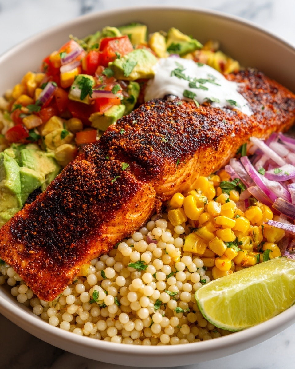 A white plate shows a meal with four main parts: a layer of light tan couscous with small green herb pieces spread along the base, a thick piece of reddish-orange grilled fish with dark specks placed on top near the right side, a bright yellow corn salad mixed with green avocado chunks and purple onion pieces on the left, and a dollop of white sour cream near the bottom edge. A green lime wedge is placed at the back next to the fish. The plate is on a white marbled surface. photo taken with an iphone --ar 4:5 --v 7