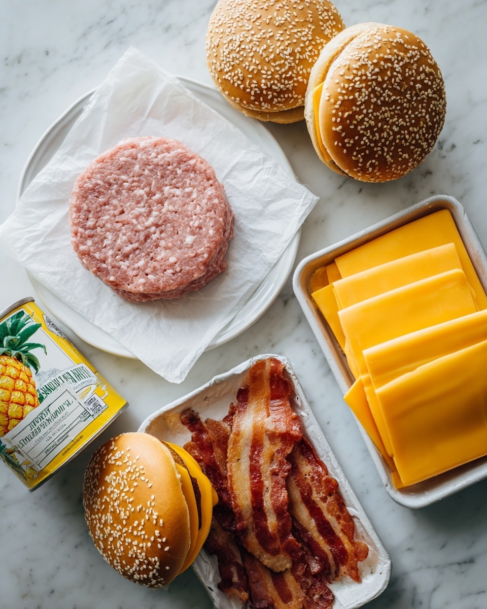 The image shows ingredients for making a sandwich laid out on a white marbled surface. In the center, there is a white plate with a frozen raw ground meat patty, light pink with white frost, resting on a piece of white paper. Above and to the right are two sesame seed burger buns, golden brown with white sesame seeds on top; one bun is whole and the other is open with the inside facing up showing a light yellow soft texture. To the right of the buns, there is a white tray holding several bright orange-yellow slices of cheese, stacked neatly side by side. Below that tray is another white tray with cooked crispy bacon strips, showing reddish-brown and darker edges with shiny fat texture. In the bottom left corner, a can of pineapple slices with a yellow and green label is visible, the can lying on its side with part of the label facing up. Photo taken with an iphone --ar 4:5 --v 7