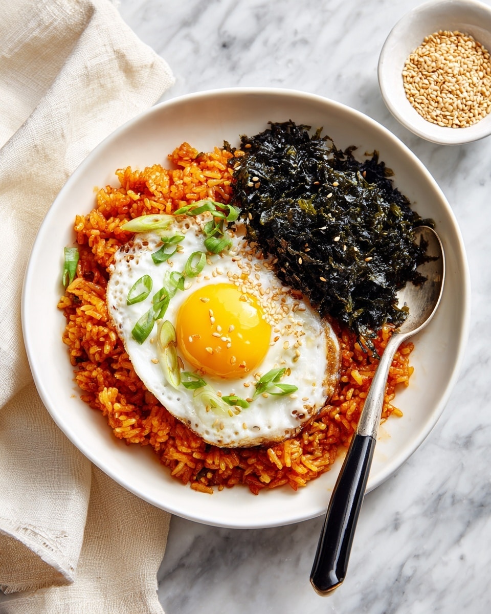 A light green plate holds a dish with one main layer of orange-red seasoned rice mixed with green bits and small pieces of other ingredients spread evenly across the plate. On top of the rice, there is a sunny-side-up fried egg with a bright yellow yolk and white edges sprinkled with small white sesame seeds. Next to the egg, a spread of dark green, almost black, crispy seaweed flakes contrasts with the rice. A silver spoon with a black handle rests on the right side of the plate, partially digging into the rice and seaweed. The background is a white marbled texture surface, with a cream cloth napkin on the left side and a small white bowl filled with light beige sesame seeds placed on the top right. photo taken with an iphone --ar 4:5 --v 7