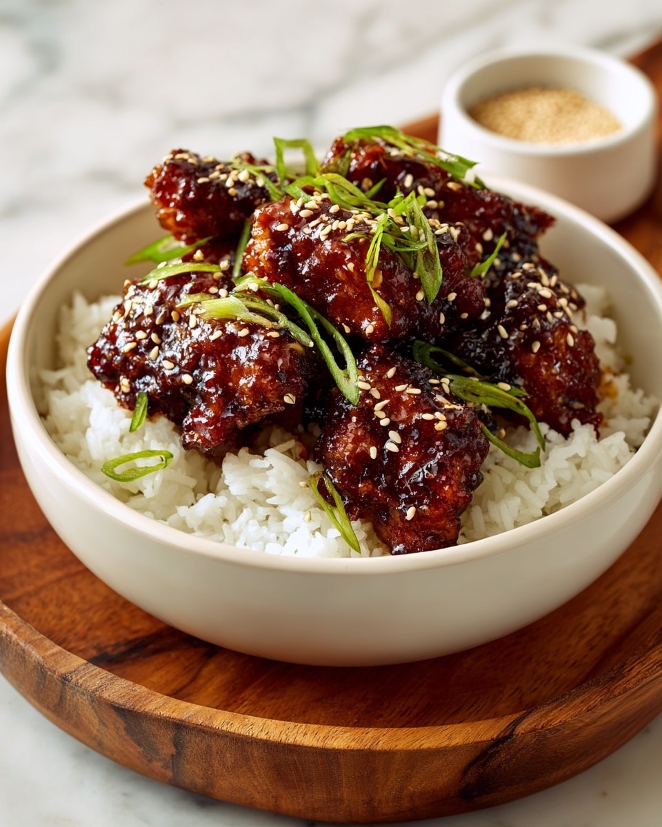 A white bowl filled with a layer of fluffy white rice, topped with three golden brown glazed chicken pieces that are shiny and sticky in texture. The chicken is sprinkled with sesame seeds and chopped green onions, adding a fresh green contrast on top. The bowl sits on a wooden tray with a small white bowl of sesame seeds nearby on a white marbled surface. photo taken with an iphone --ar 4:5 --v 7