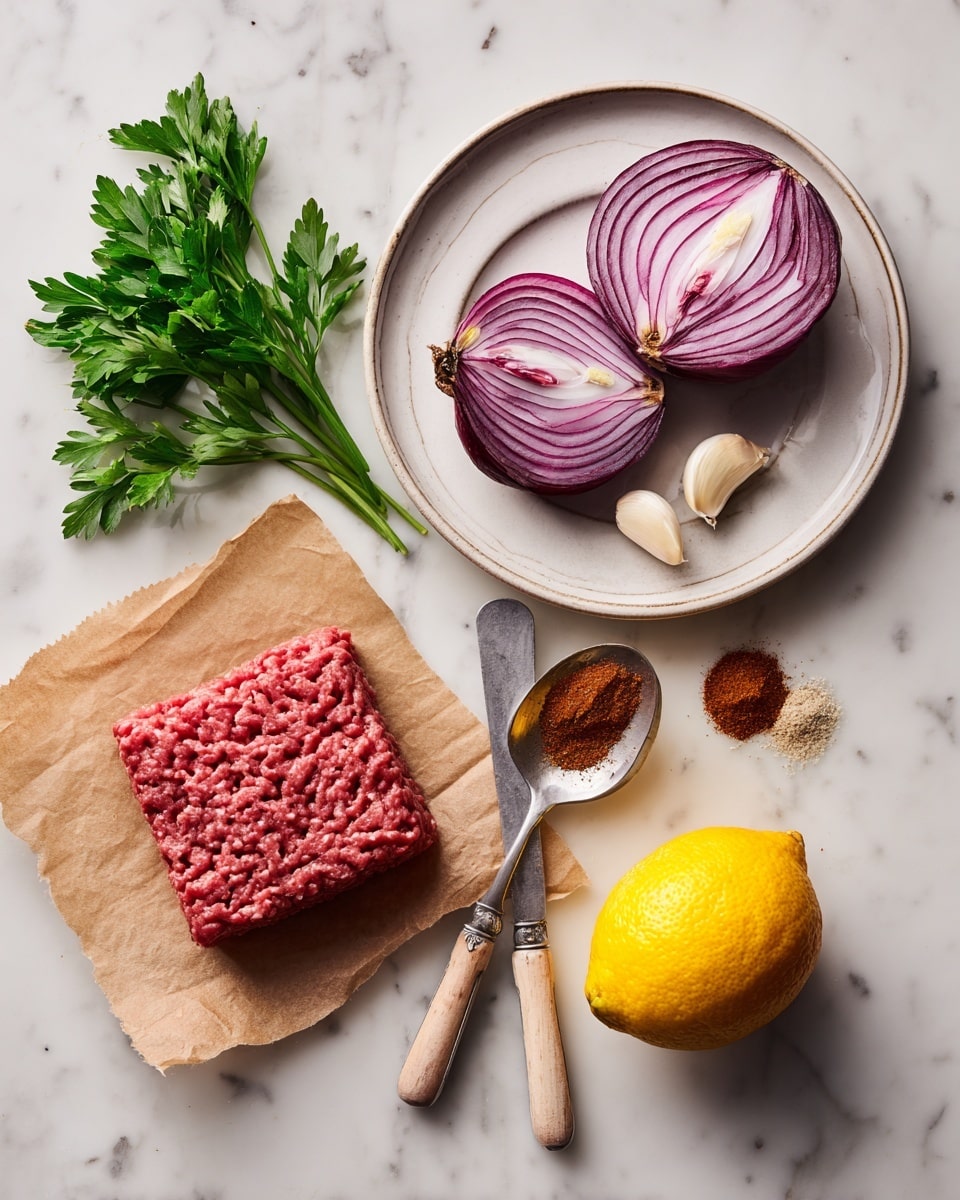 The image shows ingredients for a sheet pan kebab arranged on a white marbled surface. On the left, a square block of red ground meat rests on a piece of brown parchment paper on a white plate. Near the center is a small bunch of bright green parsley with a long stem. Above this is half of a red onion showing purple rings. To the right is a bright yellow lemon wedge. Below the parsley are two silver spoons with light wooden handles, one holding a dark reddish-brown powder labeled paprika and the other a brown spice labeled allspice. Two small cloves of garlic with pale skin are placed near the lemon. Photo taken with an iphone --ar 4:5 --v 7