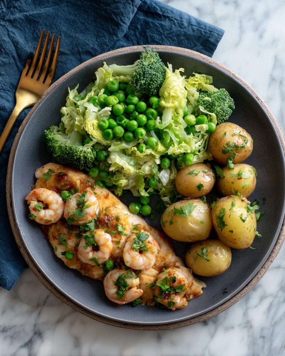 A dark plate shows a meal with three layers: a big light brown fish fillet with black pepper and small orange shrimp pieces with green herbs on top forms the base, three light yellow small boiled potatoes with green herbs placed above the fish at the center, and bright green peas and broccoli with some light green cabbage leaves fill the left side around the potatoes. The plate is on a white marbled surface, with a blurred second plate in the background. A gold fork and blue cloth are near the plate. Photo taken with an iphone --ar 4:5 --v 7