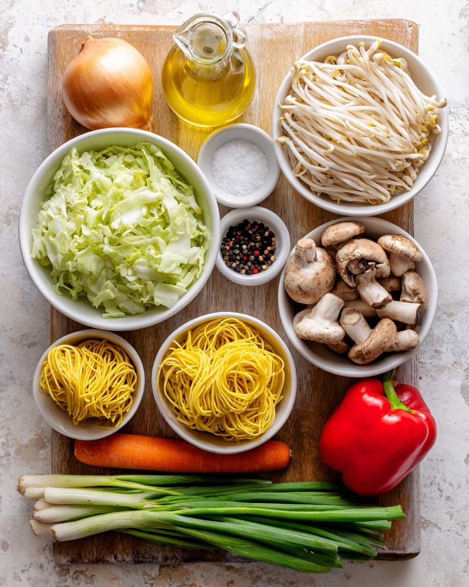 A top view of fresh cooking ingredients arranged on a wooden board with a white marbled background. In the center-left is a white bowl filled with light green chopped cabbage. To its top right, a white bowl holds long, pale bean sprouts. To the right of this, a white bowl is full of sliced brown mushrooms. Below the mushrooms are yellow dried noodles grouped in three portions, placed in a white bowl. A bright orange carrot lies horizontally near the center. To the bottom, a bunch of green spring onions is neatly aligned. Above the carrot is a whole red pepper, and to the left are two small containers, one filled with salt and the other with black pepper. A whole yellow onion sits near the top left next to a small glass bottle of light yellow cooking oil. The colors are natural with textures like crisp cabbage leaves, smooth spring onions, and rough mushroom surfaces all visible. photo taken with an iphone --ar 4:5 --v 7