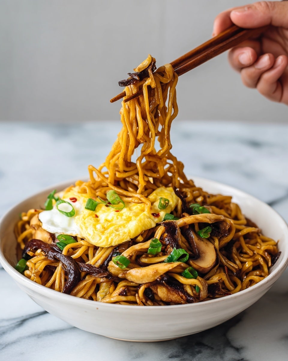 A white bowl filled with stir-fried noodles as the base layer, showing a light brown color and thin texture, mixed with green spring onion slices and light yellow shredded cabbage spread throughout. On top rest several thin, soft slices of brown mushrooms. Some red chili flakes are scattered, adding red specks. A pair of wooden chopsticks held by a woman's hand lifts a bundle of noodles, with a mushroom slice caught among the noodles at the top, highlighted against a dark background and a white marbled surface below the bowl. Photo taken with an iphone --ar 4:5 --v 7