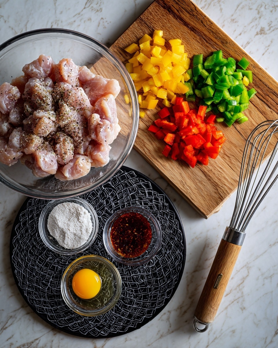 A clear glass bowl on the left side filled with raw chicken pieces seasoned with black pepper, next to a white wooden chopping board on the right with three piles of chopped bell peppers in yellow, green, and red colors. Below, on a black decorative circular trivet, there are three small glass bowls arranged triangularly: one with a raw egg yolk in clear egg white, one with red sauce, and one with white powder. To the right of the trivet lies a small whisk with a wooden handle resting on a white marbled surface. Photo taken with an iphone --ar 4:5 --v 7