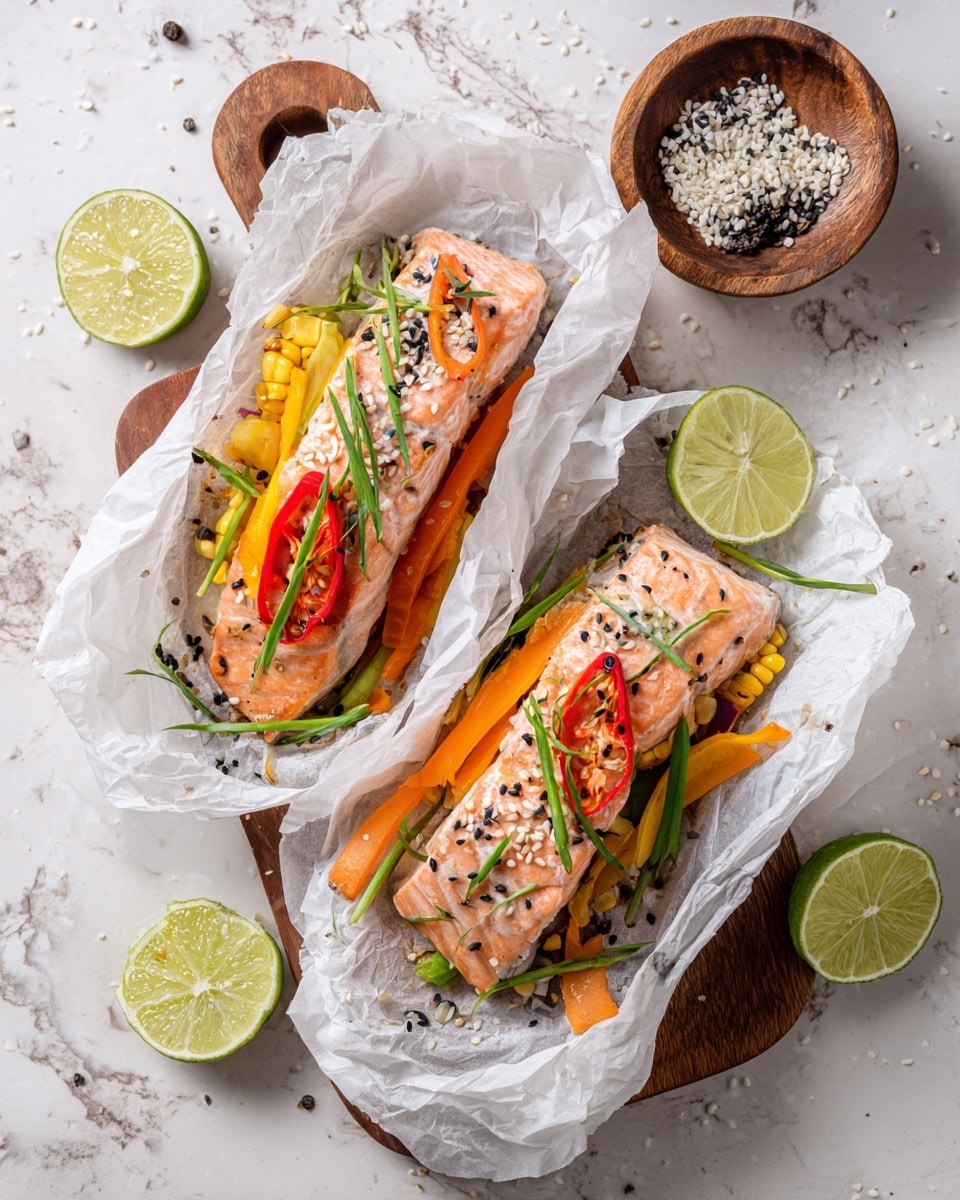 Two portions of salmon are shown steamed in crinkled white parchment paper on a wooden board. Each portion has a pink salmon fillet in the center, topped with sliced red chili peppers and black and white sesame seeds. Underneath and around the salmon, there are thin bright orange carrot strips, pale yellow baby corn, and thin green scallion strips. Each portion includes lime wedges on the side. To the top right, a small white bowl filled with black and white sesame seeds is partly visible. The background is a white marbled surface. photo taken with an iphone --ar 4:5 --v 7