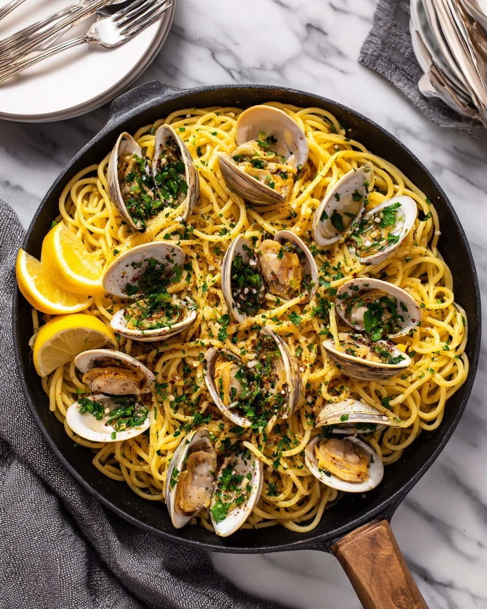A round black pan filled with a bed of light yellow spaghetti noodles at the base, topped with open clam shells showing beige clam meat inside. The spaghetti is mixed with small green parsley leaves scattered evenly around. Three bright yellow lemon wedges sit grouped on one side of the pan, also garnished with parsley. The dish is sprinkled with black pepper flakes adding texture, and the pan handle extends toward the bottom right. The pan rests on a gray cloth on a white marbled surface with stacked white plates and two forks in the top right corner. photo taken with an iphone --ar 4:5 --v 7