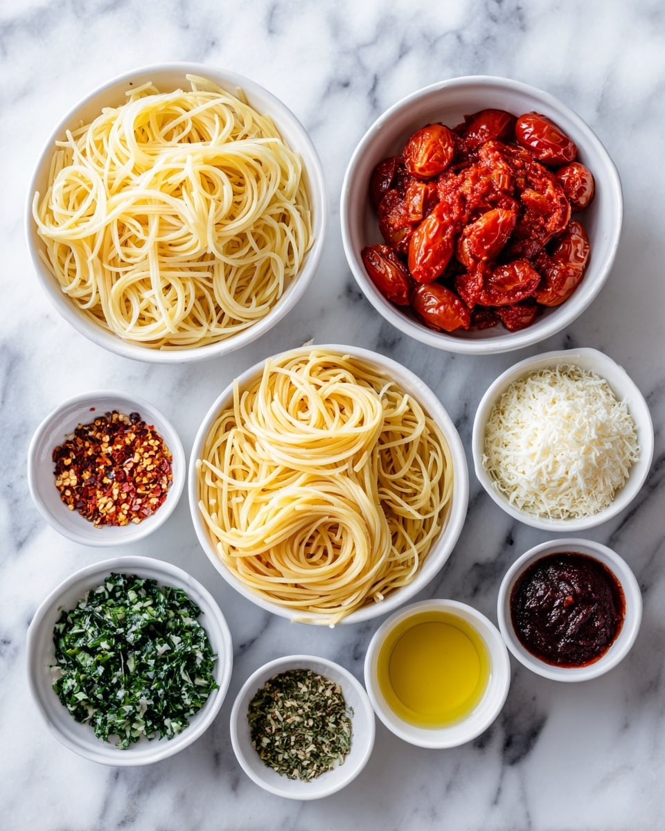 The image shows a white bowl filled with cooked pasta, light yellow in color and slightly glossy, placed next to a white bowl filled with whole peeled tomatoes in bright red sauce. Around these two larger bowls are eight smaller white bowls arranged in a semi-circle, each holding different ingredients: small red chili flakes, minced garlic pieces, golden olive oil, white grated cheese, dark red tomato paste, finely chopped green herbs, and finely chopped leafy greens. All the bowls sit on a white marbled surface, giving a clean and bright look. Photo taken with an iphone --ar 4:5 --v 7