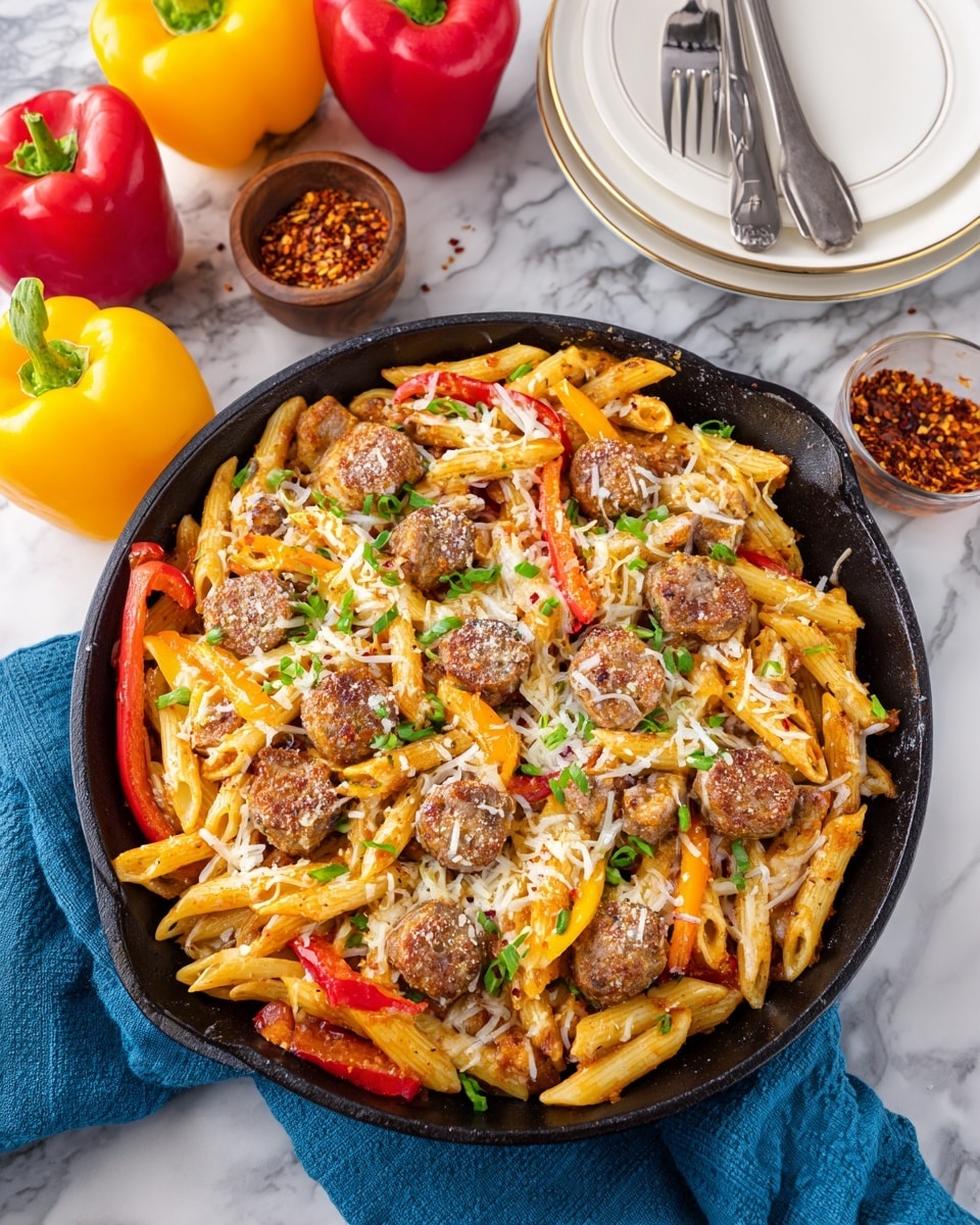 A black skillet holds the dish, filled with about three layers of penne pasta coated in reddish-orange sauce, mixed with round slices of browned sausage, and strips of red and yellow bell peppers. White melted cheese is scattered unevenly across the pasta, adding a creamy texture. Small green onion pieces are sprinkled on top, with some reddish chili flakes scattered over the dish. The skillet sits on a dark surface, with a few green onions and chili flakes around it, and in the background, there is a stack of white plates with a folded blue cloth and two silver forks resting on top. Photo taken with an iphone --ar 4:5 --v 7