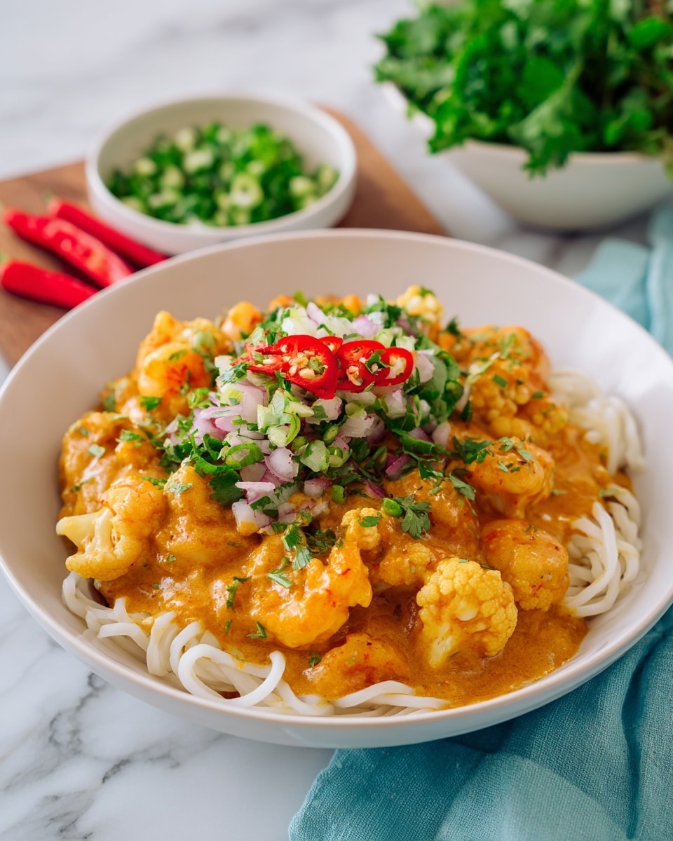 This image shows a white bowl filled with a dish made of thin white noodles in a thick, orange-yellow sauce. On top of the noodles, there are several pieces of shrimp and chunks of white fish or tofu coated in the sauce. The dish is finished with a colorful mix of finely chopped red, green, and purple vegetables or herbs placed in the center at the top. The bowl sits on a white marbled surface with a soft, dark cloth nearby, and there is a spoon behind the bowl. A smaller white bowl with a similar chopped vegetable mix and a spoon is slightly blurred in the background. photo taken with an iphone --ar 4:5 --v 7