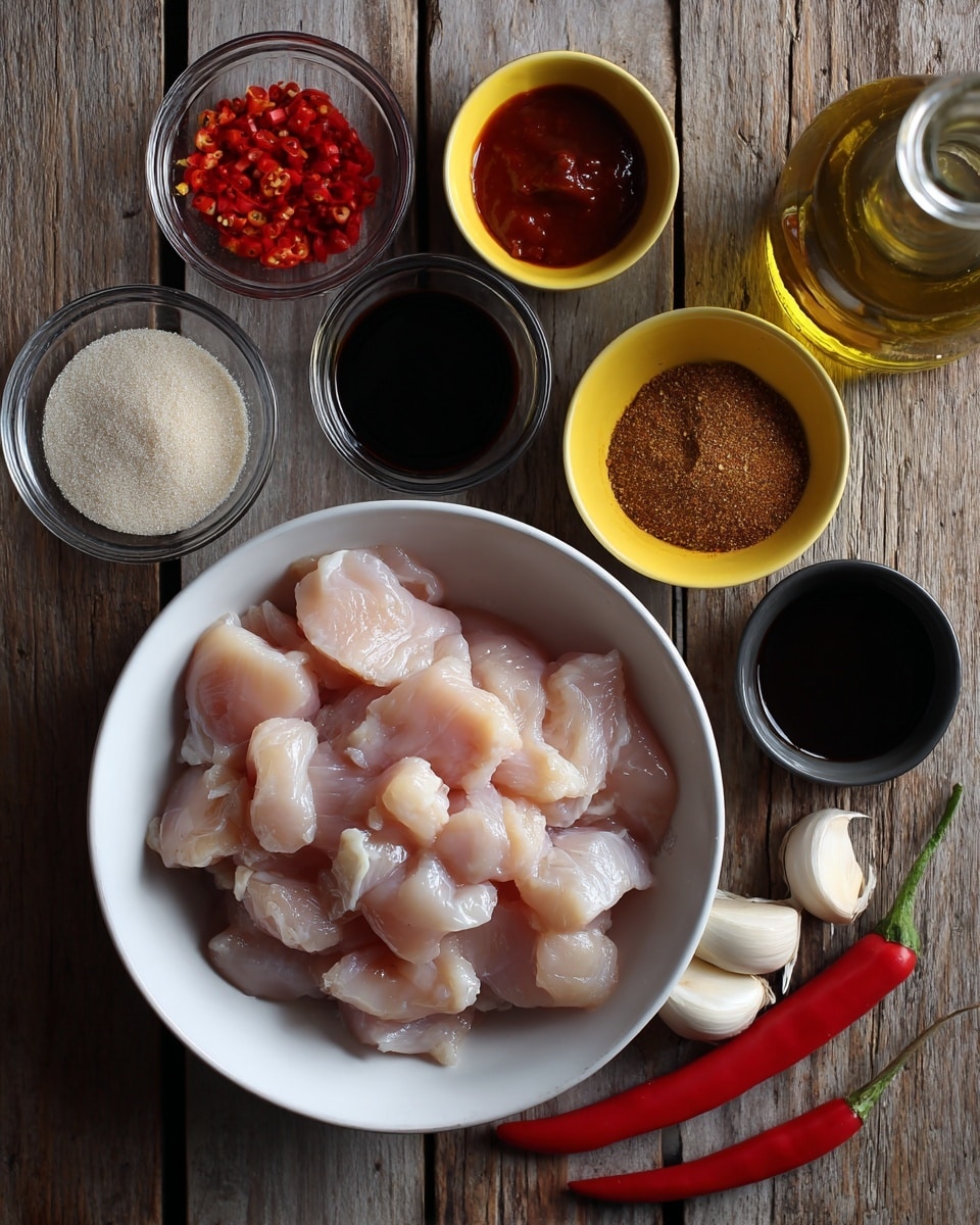 A white bowl filled with pale pink sliced raw chicken pieces sits on a wooden surface. Around it, small glass containers hold red chili sauce, dark fish sauce, ketchup, and a brown tamarind paste, while a yellow small bowl contains white pepper. A black bowl holds light brown sugar, and a clear glass container holds a dark soy sauce next to a small black bowl with light soy sauce. A fresh red chili and two garlic cloves lie nearby, with a clear bottle of oil in the corner. The background is a wooden texture. photo taken with an iphone --ar 4:5 --v 7
