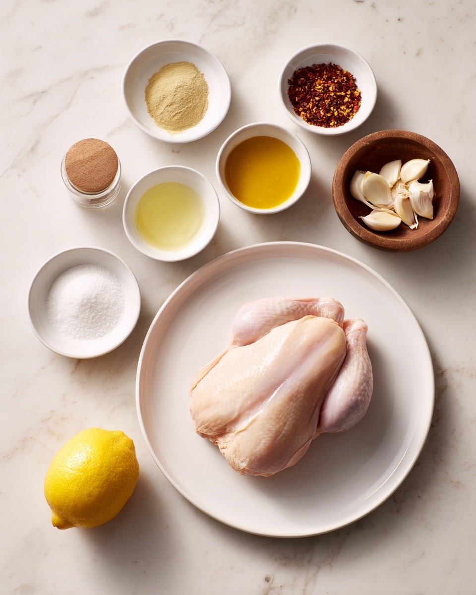 The image shows a top view of a white plate on a white marbled surface. On the plate, there is a single raw chicken piece, light pink in color with a smooth texture. Around the plate, there are seven small white bowls placed neatly – one contains a yellow mustard-like sauce, another has a clear light yellow liquid, one holds a white powder, another has light brown sliced garlic pieces, one bowl carries a mix of red spices, and two other small containers, one round wooden bowl filled with salt and a small spice jar with a brown lid, stand close by. A whole lemon with a bright yellow peel is placed near the bottom left corner. photo taken with an iphone --ar 4:5 --v 7