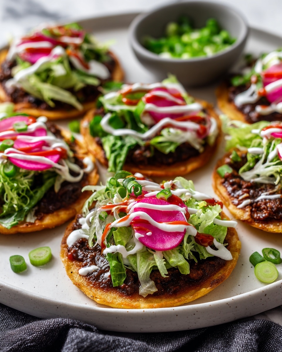 The image shows several mini flatbread tacos arranged closely on a white tray placed on a white marbled surface. Each taco has three layers: the bottom layer is a light golden-brown flatbread, the middle layer is a shiny, dark brown cooked meat spread evenly across the flatbread, and the top layer consists of bright green chopped lettuce and fresh cilantro, thin slices of raw red onions, with white cream and red sauce drizzled over the top in thin lines. To the top right of the tray, there is a small white bowl filled with chopped green onions, and a few green onions are scattered beside it. The background features a dark blue cloth. Photo taken with an iphone --ar 4:5 --v 7