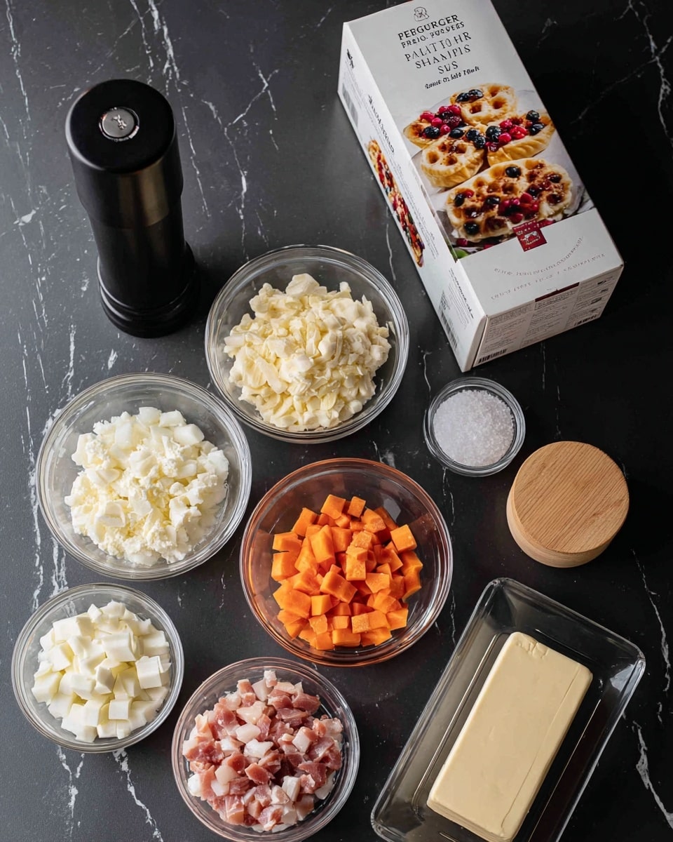 The image shows a collection of cooking ingredients neatly arranged on a dark surface. At the top, there is a white box of Pepperidge Farm Puff Pastry Shells with a picture of the baked shells topped with berries. Below the box, there are five clear glass bowls filled with diced ingredients: one with diced cheese, one with chopped raw meat chunks in a white bowl, one with finely chopped white onion, one with small orange carrot cubes, and one with diced white pieces. To the left of the bowls, there is a tall black pepper grinder. To the right, there is a small wooden container with salt and its lid next to it. At the bottom, a glass dish holds a rectangular slab of butter. The entire setup sits on a white marbled texture surface. Photo taken with an iphone --ar 4:5 --v 7