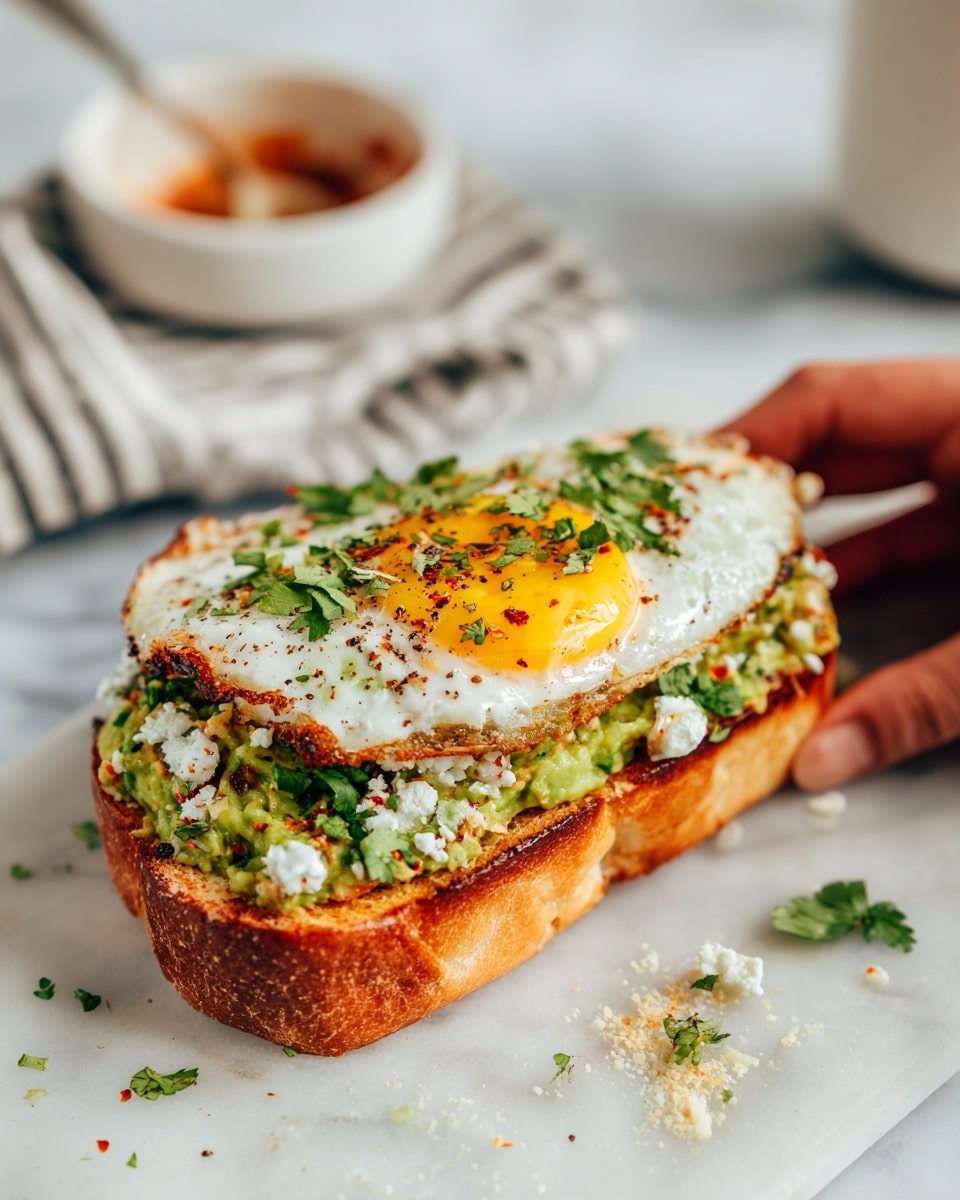 A sandwich with two shiny, toasted brown buns where the top bun holds a fried egg with a bright yellow yolk, white edges, and small green herb pieces sprinkled on top. The bottom bun is layered with chunky green guacamole mixed with bits of white cheese and more small green herbs. A woman's hand is gently lifting the top bun on a dark surface with scattered herb pieces and crumbs around. In the background, there is a white bowl with sauce and a striped cloth, all set on a white marbled surface. Photo taken with an iphone --ar 4:5 --v 7
