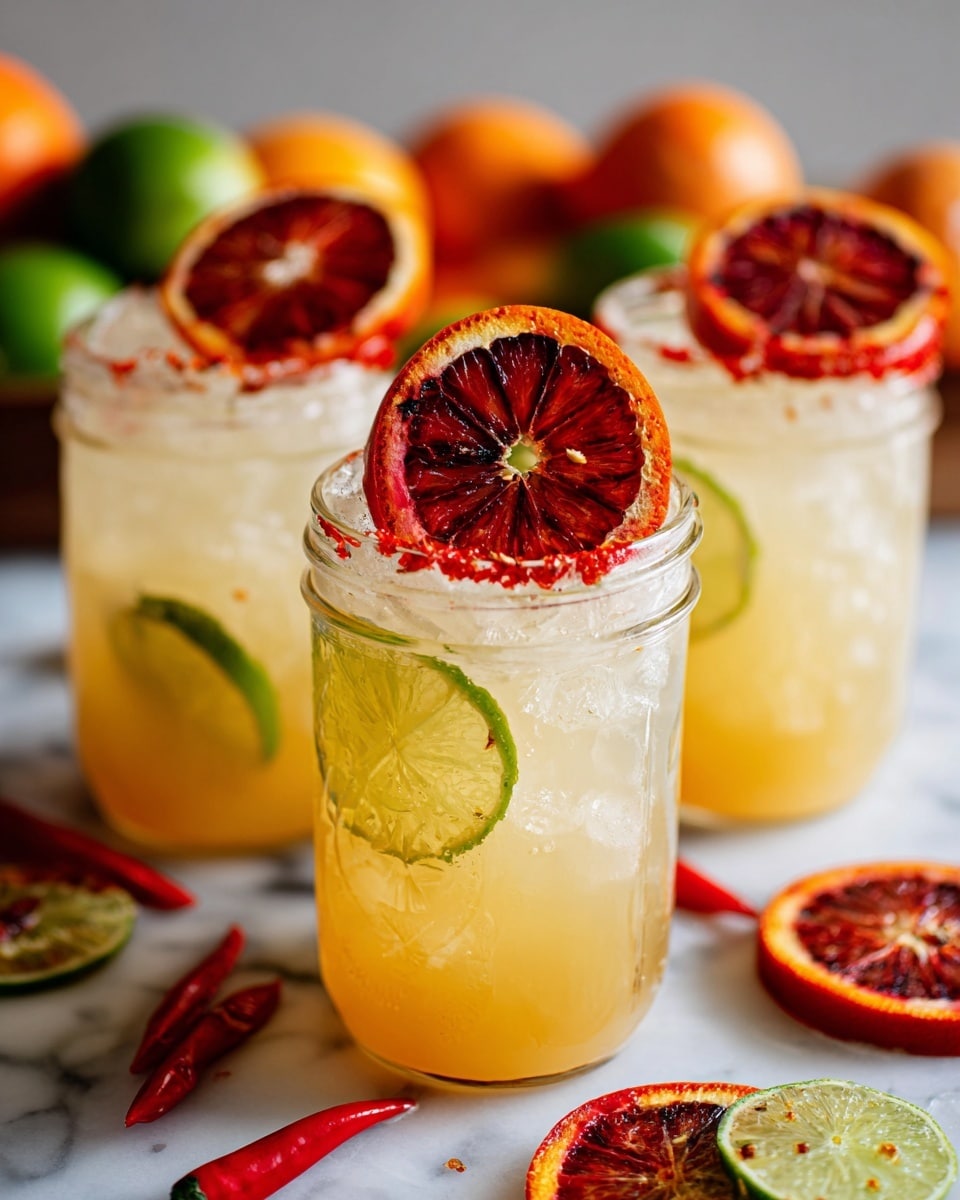 Three clear glass jars filled with a light orange drink and ice cubes sit on a white marbled surface. Each jar has a round slice of lime inside and a charred blood orange wedge on the rim. Two jars have a whole red chili pepper inside, standing out against the ice. The background is scattered with halved and sliced blood oranges, bright green lime slices, and several whole red chili peppers, adding vibrant pops of red, orange, and green colors. The overall look is fresh, colorful, and slightly spicy. photo taken with an iphone --ar 4:5 --v 7