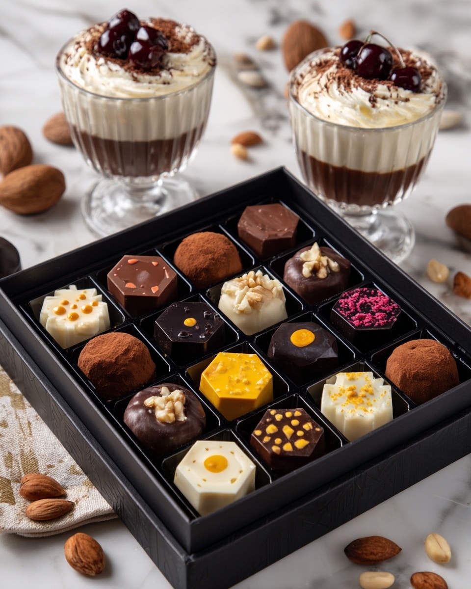 The image shows a black box with 24 pieces of chocolates arranged in six rows and four columns, each chocolate in its own square section. The chocolates have different shapes and colors, including round brown chocolates with nuts on top, hexagonal chocolates decorated with yellow and pink small toppings, dark brown chocolates with orange dots, and white chocolates with brown and yellow designs. In the background, there are two clear glass bowls filled with a creamy chocolate dessert topped with white cream, nuts, and dark red cherries, placed on a white marbled surface. Some light brown nuts are scattered around the box and bowls. photo taken with an iphone --ar 4:5 --v 7