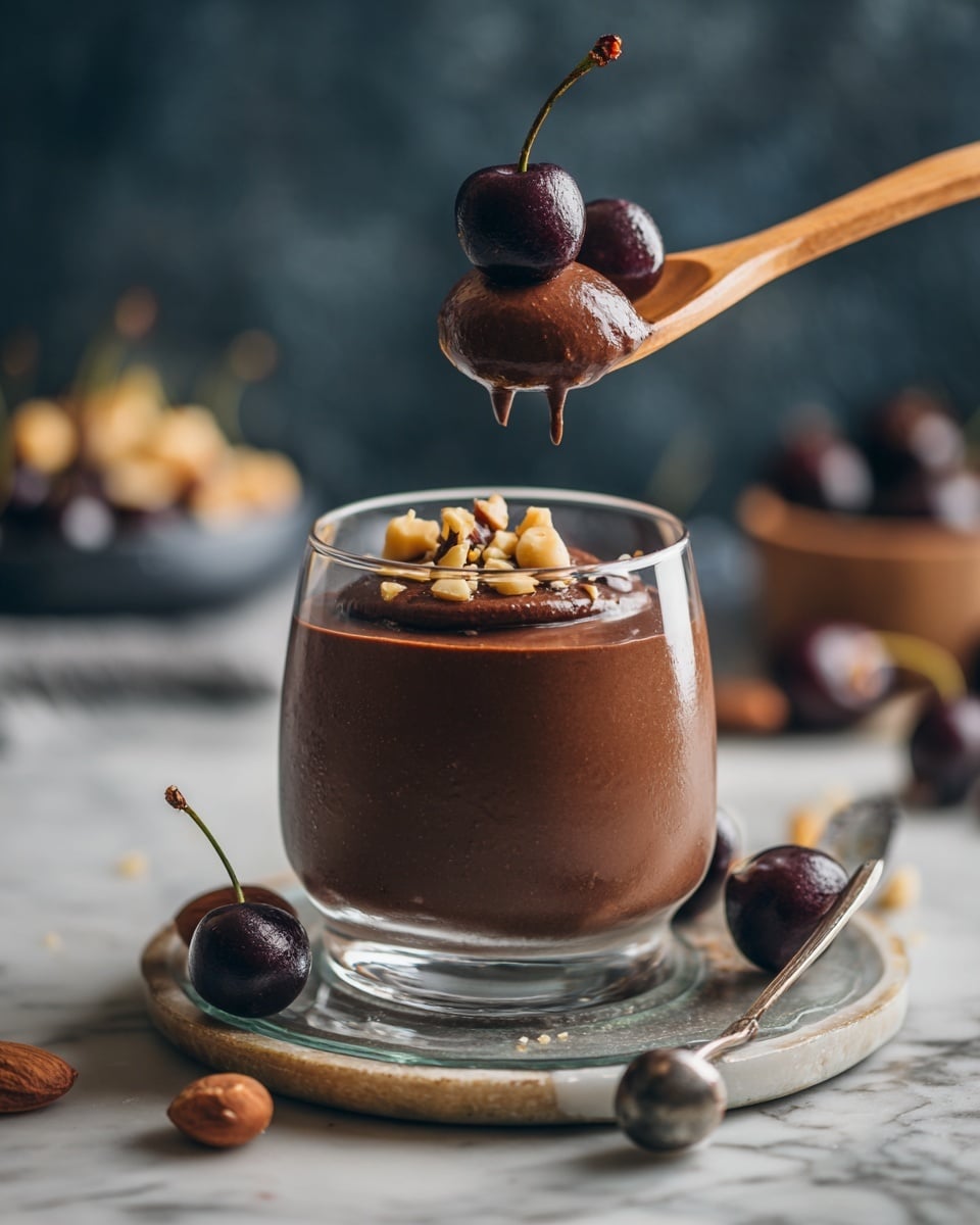 A clear glass cup is filled with smooth, thick chocolate pudding that nearly reaches the top. On the surface of the pudding, there are small pieces of light brown nuts scattered around. A wooden spoon holds a scoop of the pudding, dripping slightly, and resting above the cup with a few nuts on it. Three dark red cherries are placed on the rim of the cup. Around the cup on a clear glass saucer, there are several whole light brown nuts and a silver spoon with a round top decoration. The background is dark, and the whole scene is set on a white marbled surface. Photo taken with an iphone --ar 4:5 --v 7