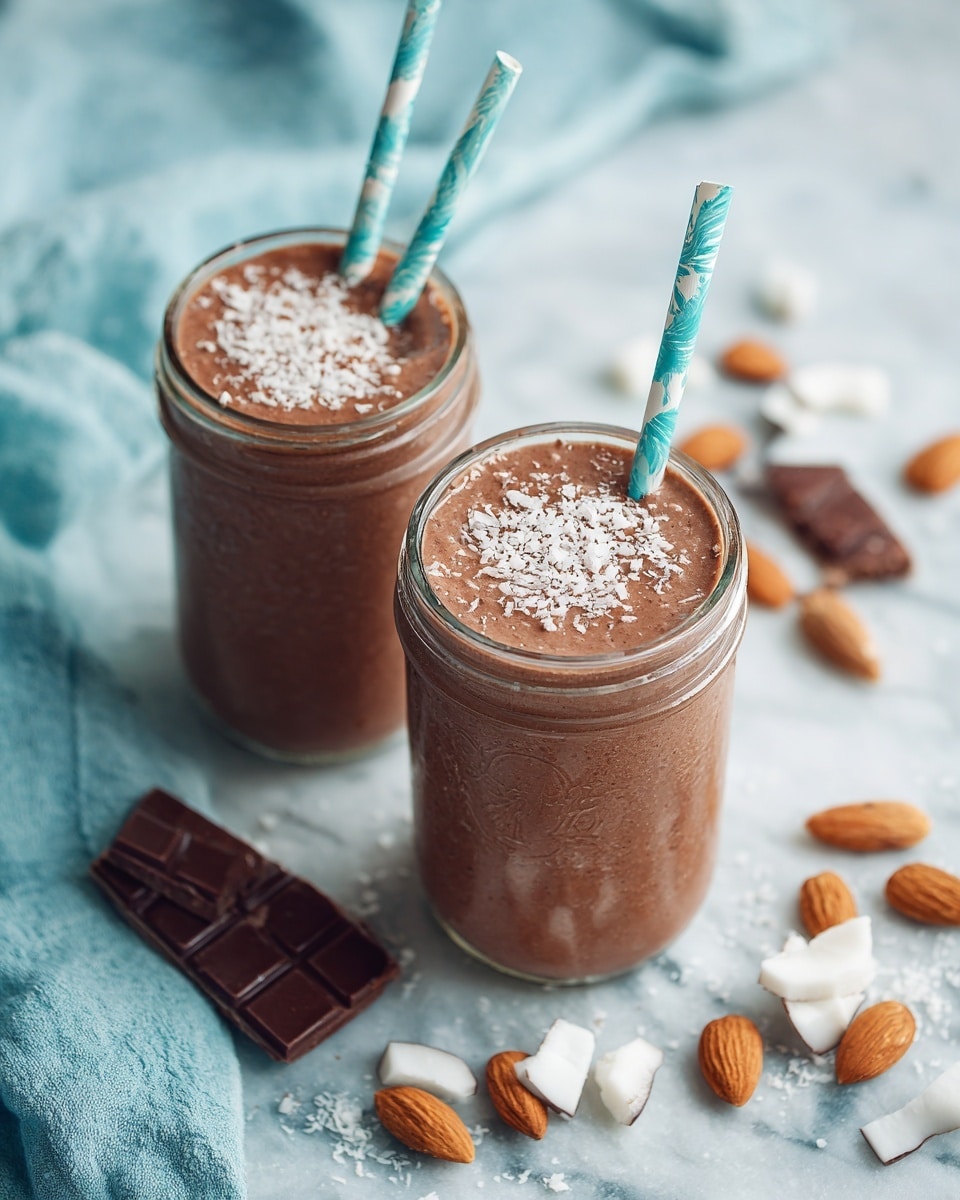 A glass jar filled with a thick, smooth chocolate drink topped with a small mound of light brown powder in the center. Two pastel blue and white straws, one with polka dots and the other with a swirl pattern, are inserted into the drink on the right side. Around the jar, there are scattered whole almonds and pieces of white coconut with brown edges. In the background, a second jar with the same drink and topping is visible, slightly out of focus. The scene rests on a white marbled surface. photo taken with an iphone --ar 4:5 --v 7