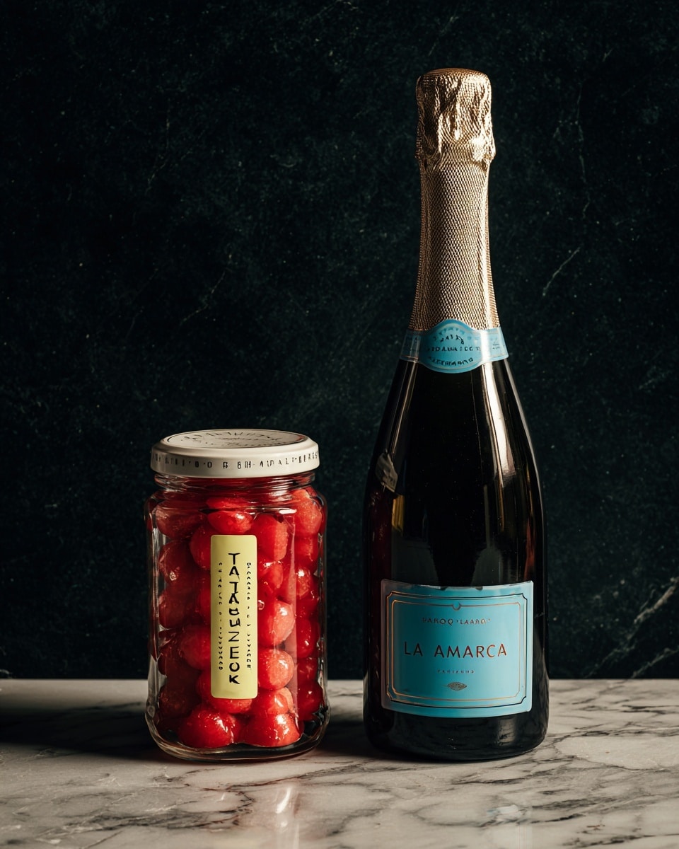 The image shows two containers placed side by side on a dark surface with a white marbled texture background. On the left is a jar filled with bright red maraschino cherries, with a white lid and a yellow label that has bold black and red text. The cherries inside the jar look shiny and wet, and the label has a small image of a cocktail glass with a cherry garnish. To the right of the jar is a tall, dark bottle of LaMarca prosecco with a pale blue label and a light cream-colored foil on the top. The bottle has a smooth, glossy texture and a classic shape. photo taken with an iphone --ar 4:5 --v 7