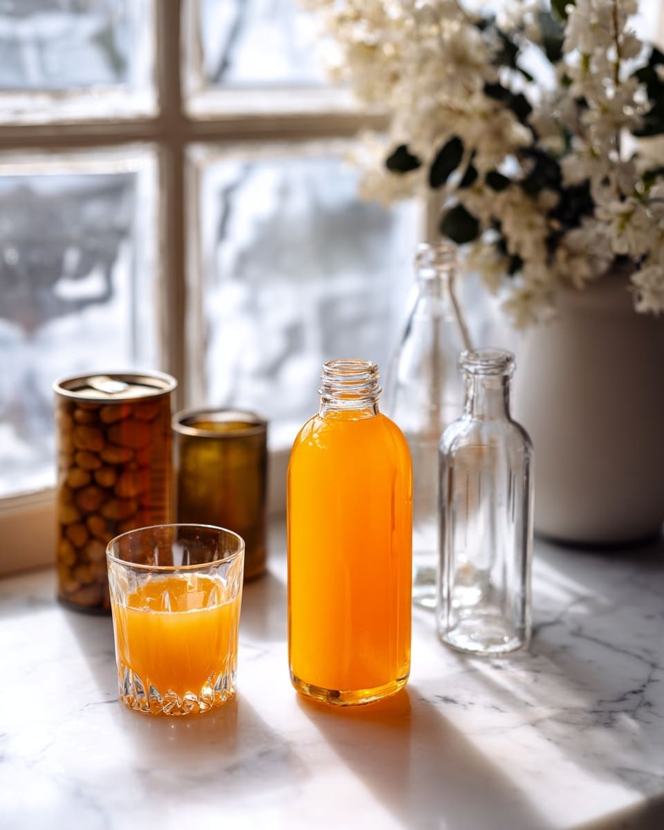 The image shows a white marbled surface with several objects placed on it, including a can of garbanzo beans, a glass filled with bright orange liquid in the center, and three clear glass bottles of various sizes surrounding it. Each bottle has a differently shaped top, with some metal parts visible. In the background, there is a blurred white vase with white flowers and some other dark objects, all in front of a window with multiple square panes. The lighting is soft and natural, creating gentle shadows on the surface. photo taken with an iphone --ar 4:5 --v 7