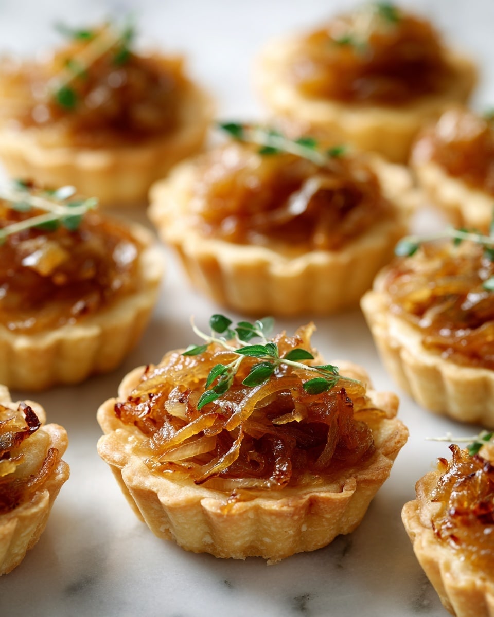 A group of small tartlets arranged in rows on a white marbled surface, each tartlet showing two layers: a light, flaky, cream-colored pastry shell forming the bottom and sides with ruffled edges, and filled with a golden-brown caramelized onion topping that looks soft and slightly shiny, garnished with small sprigs of green herbs on top. The focus is on the middle tartlet, making the others softly blurred in the background, creating depth in the image photo taken with an iphone --ar 4:5 --v 7