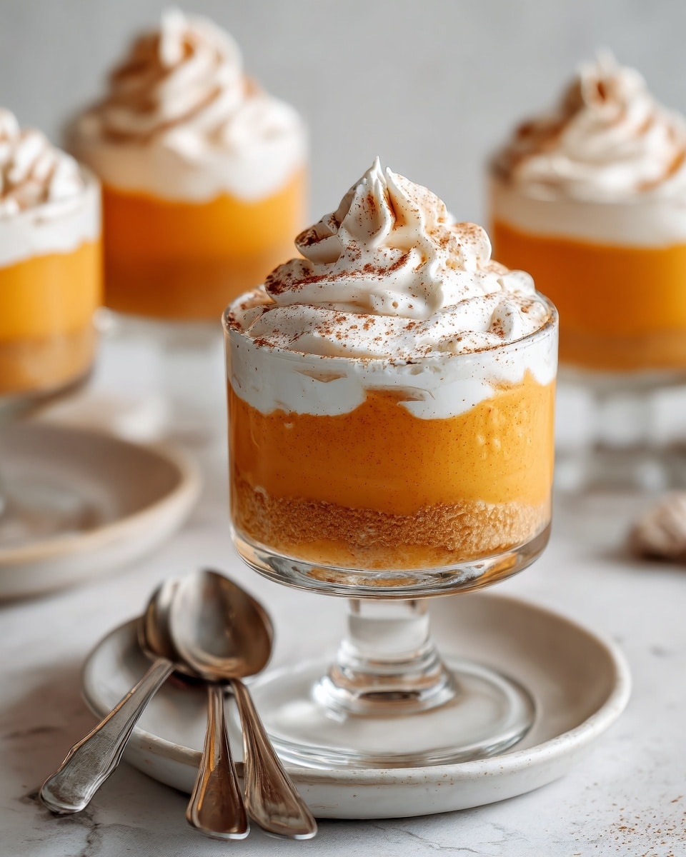 The image shows a dessert in a clear glass bowl with two layers. The bottom layer is a thick, creamy orange layer with a textured surface, topped with a thick swirl of the same orange layer. On top of that, there is a smooth white whipped cream layer with a soft, fluffy texture and light brown specks sprinkled on it. The bowl sits on a white plate with a shiny spoon resting beside it. The background is a white marbled texture with more desserts softly blurred in the back. Photo taken with an iphone --ar 4:5 --v 7