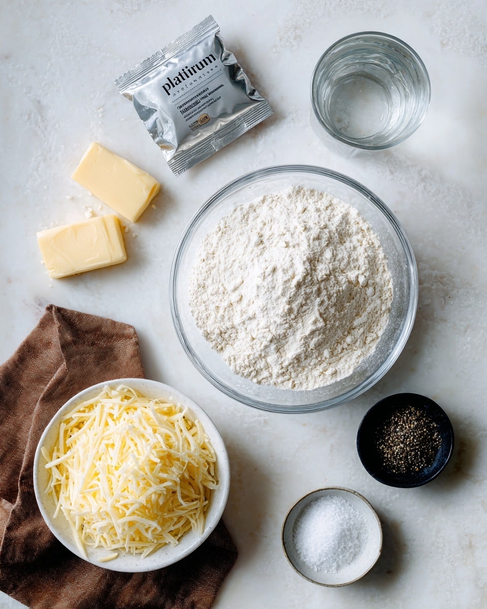 The image shows a white marbled surface with several cooking ingredients arranged neatly. In the center is a clear glass bowl filled with white flour. Below it, there is a small white bowl containing shredded cheese. To the left, there is a brown cloth with two small pieces of butter resting on it. Above the flour bowl, a silver packet labeled