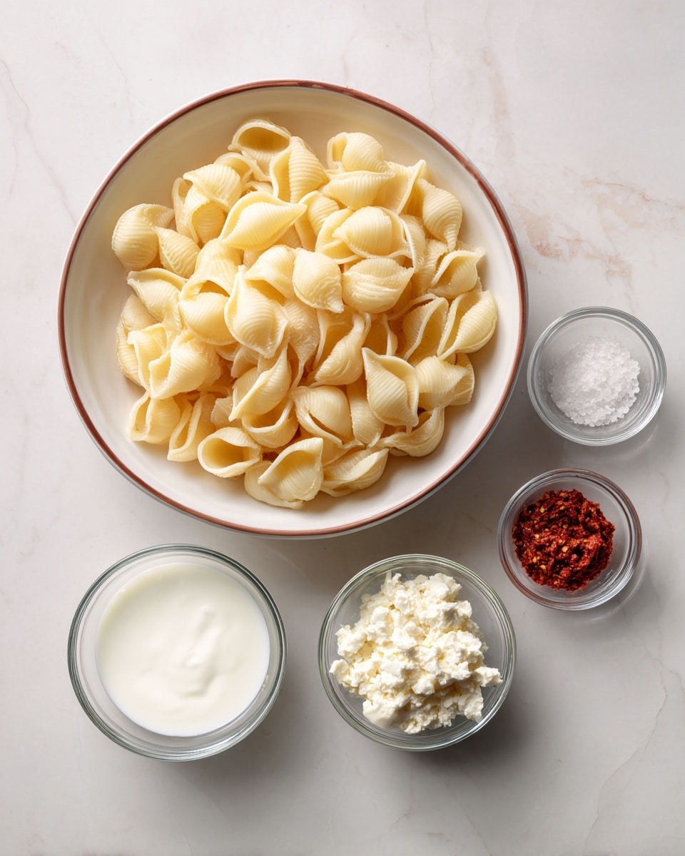 A top view of six containers arranged on a white marbled surface. The largest container is a white bowl with a brown rim filled with many light yellow, shell-shaped pasta. Below it, from left to right, are five small clear glass or white bowls. The first small glass bowl has white milk, the second glass bowl holds white creamy cheese with a soft texture, the third small glass bowl contains a reddish-brown thick paste, the fourth white bowl has red chili flakes, and the last small white bowl contains white salt. The items are cleanly arranged with simple colors and textures. photo taken with an iphone --ar 4:5 --v 7