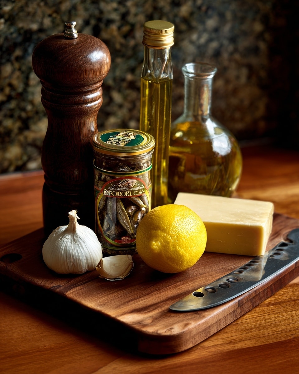 A wooden board holds six ingredients arranged in a loose cluster: a dark brown pepper grinder on the left, a small glass jar with a gold lid filled with anchovies and a green label, a bulb of garlic with white papery skin, a yellow lemon in the middle front, a glass bottle with a narrow neck filled with golden olive oil behind the lemon, and a block of pale cream-colored hard cheese on the right. A silver kitchen knife with holes near the blade edge is partly visible on the far right side. The board rests against a dark mottled granite wall, and the surface under the board is warm-toned wood. Photo taken with an iphone --ar 4:5 --v 7