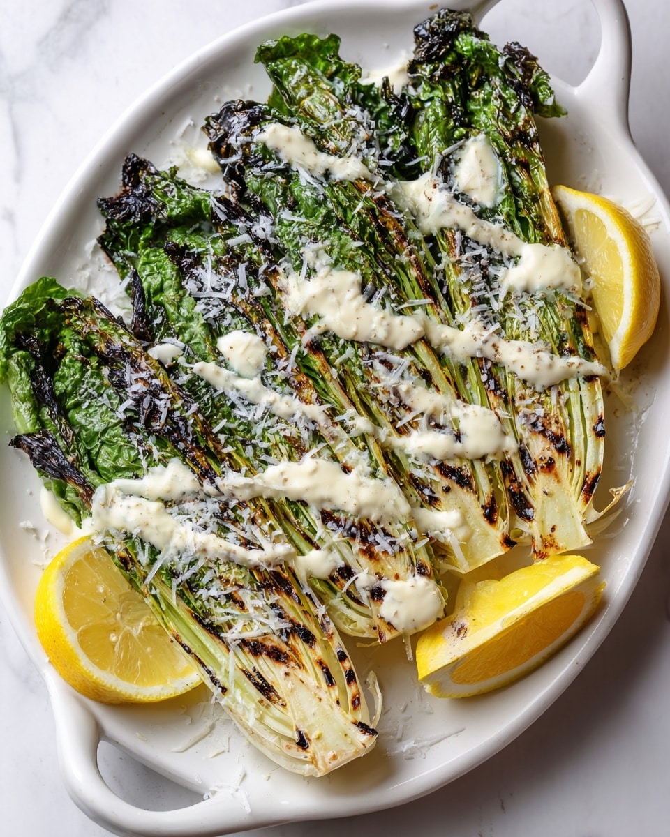 Four grilled romaine lettuce halves with char marks and light green leaves are placed on a black plate. They are topped with a light beige sauce and sprinkled with fine white grated cheese. Two lemon slices, each yellow with white seeds, are positioned beside the lettuce on the plate. The plate sits on a white marbled surface. photo taken with an iphone --ar 4:5 --v 7