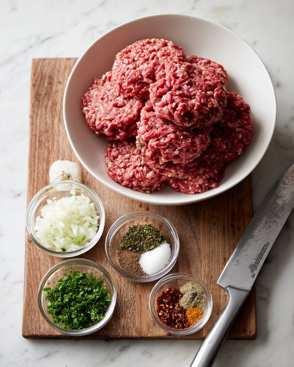A large white bowl holds three thick layers of raw ground meat with a red and pink texture, placed on a wooden cutting board. In front of the bowl, four small white and glass containers display finely chopped white onions, minced garlic, fresh chopped green herbs, and a mix of colorful spices including red, brown, and white powders. To the right side, a large knife with a silver blade and black handle rests on the cutting board. The whole setting is on a white marbled surface. Photo taken with an iphone --ar 4:5 --v 7